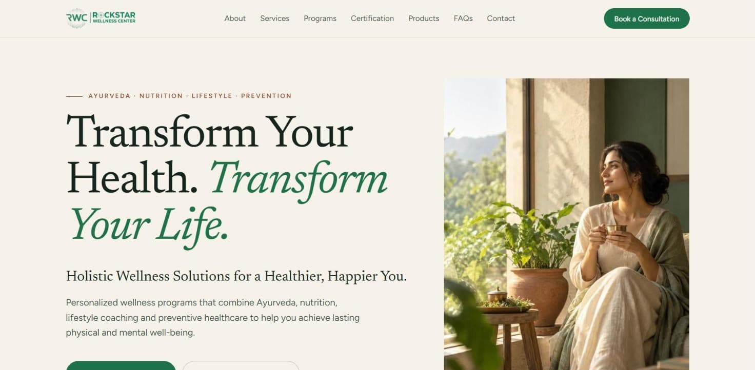 The Rockstar Wellness Center homepage: the headline “Transform Your Health. Transform Your Life.” and a Book a Consultation button.