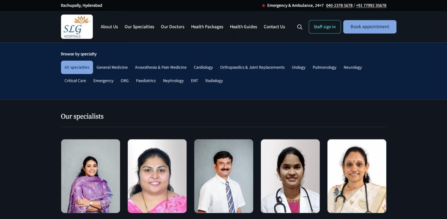 The SLG Hospitals doctor directory: a Browse by specialty filter above photo cards for each doctor, with names and specialties.